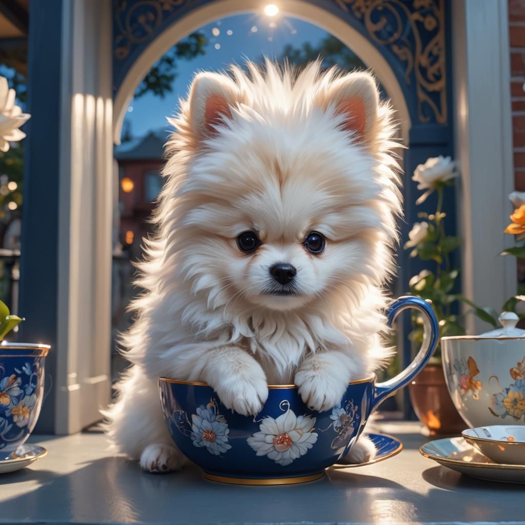 Pomeranian Puppy in Teacup: Digital Art Portrait