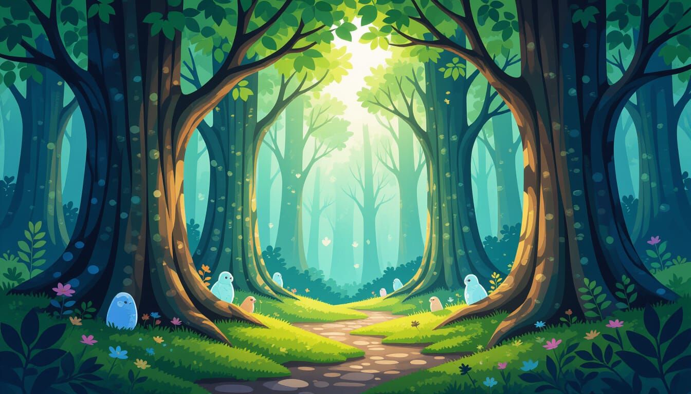 Enchanted Sea Glass Forest with Glowing Foliage