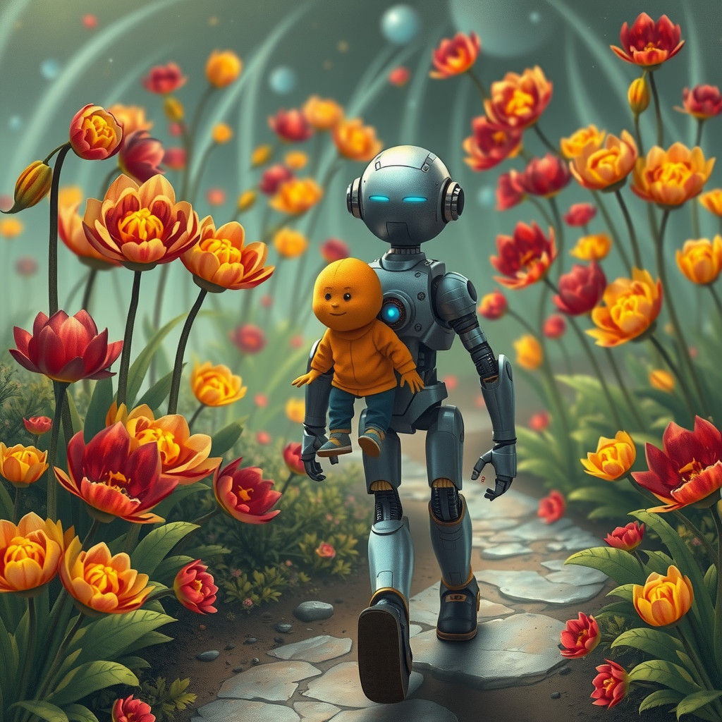 Robot and Child in Alien Garden, Dreamlike Illustration