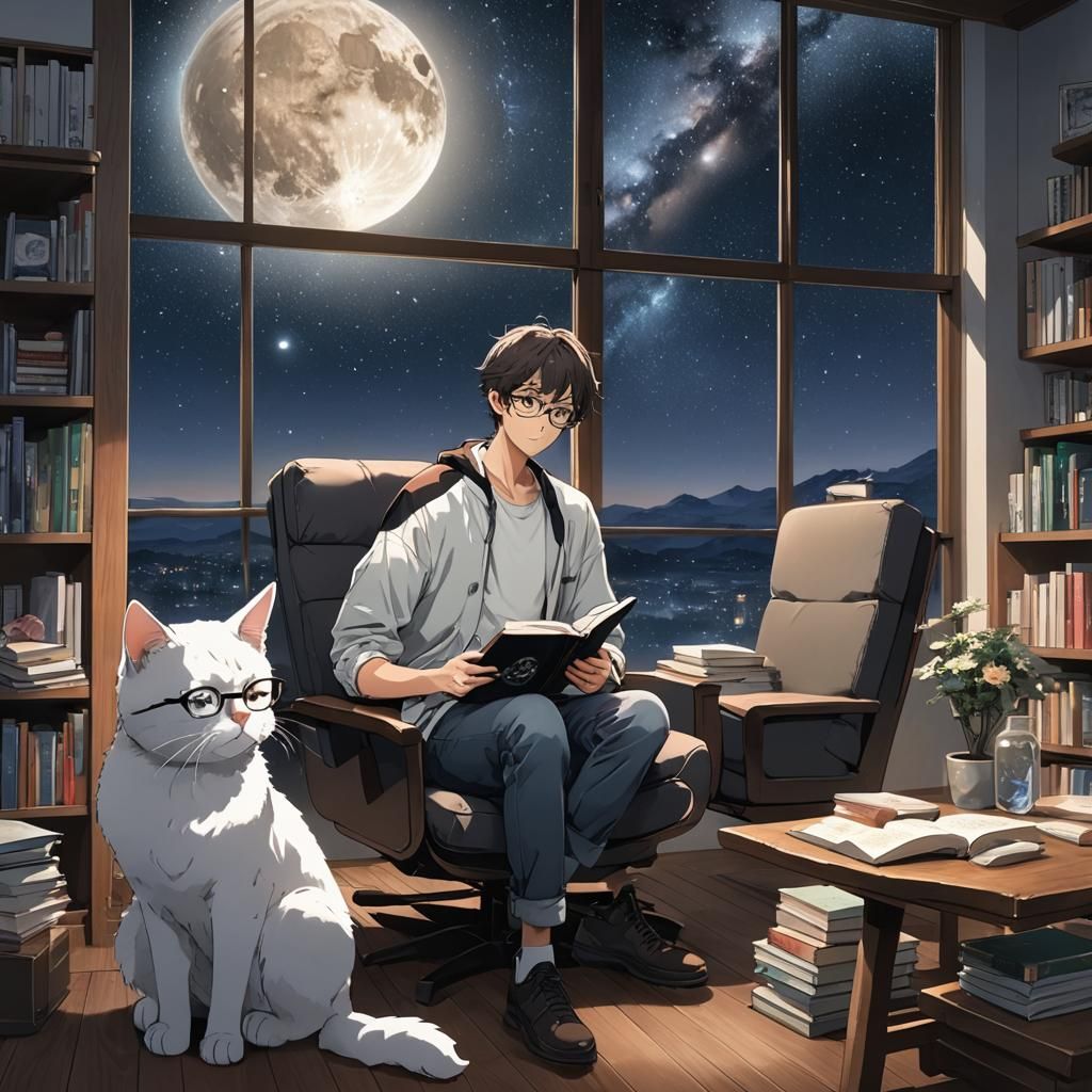 Anime Illustration of Boy Reading with Cat Under Milky Way