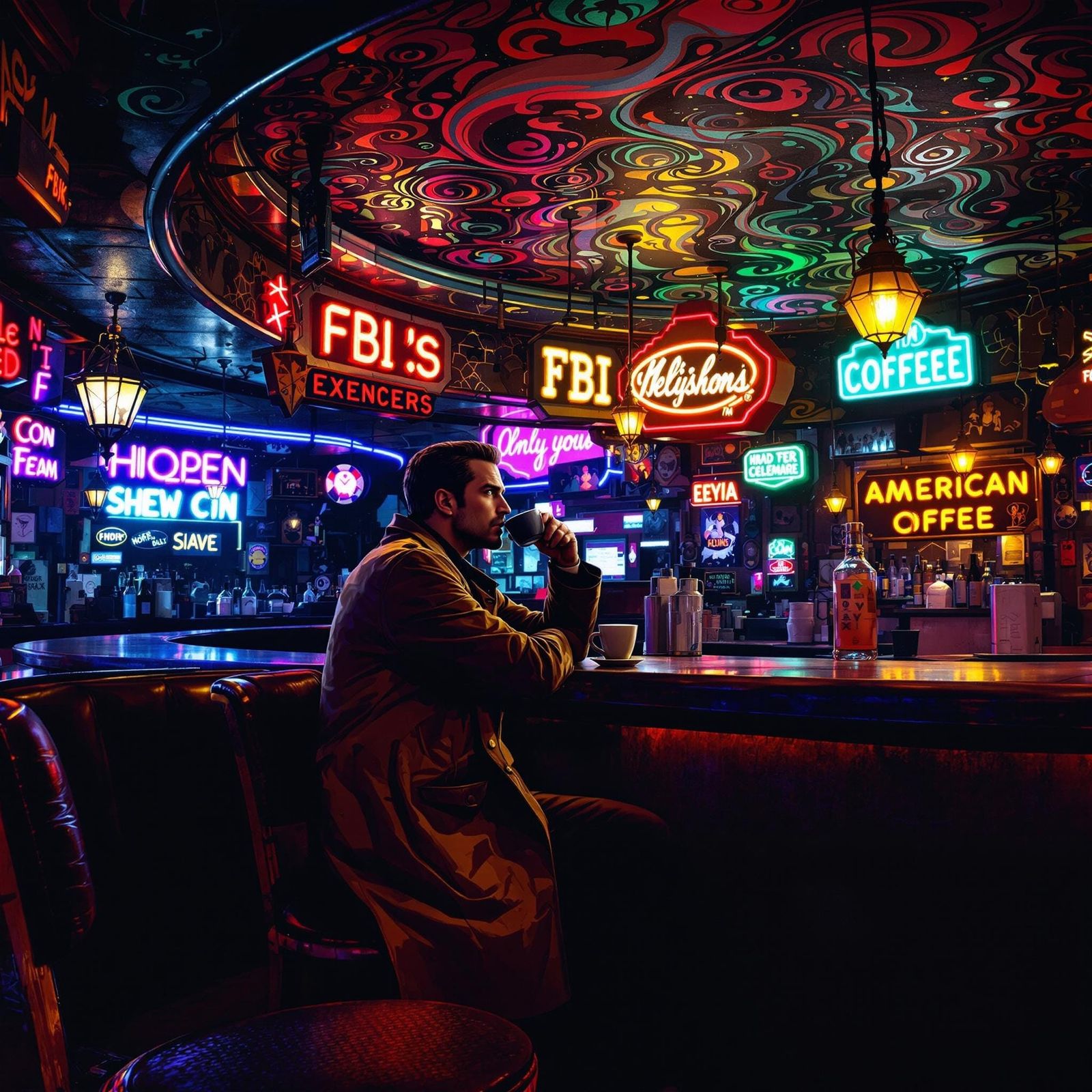 Surreal Americana Night Scene in Hand-Drawn Style, FBI Agent...