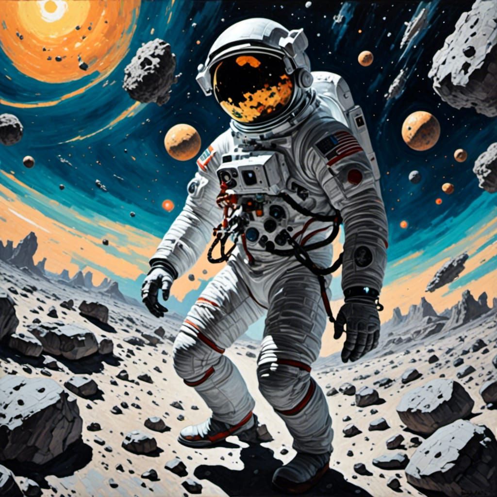 Spaceman navigating an asteroid field <lora:Stellar Brews:1....