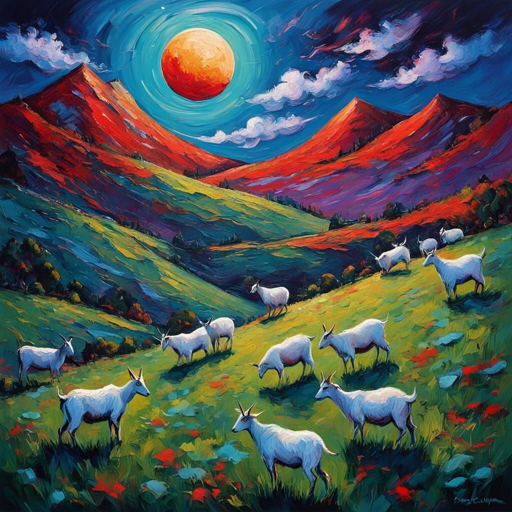 Vibrant Neo-Expressionist Galaxy Landscape with Grazing Goat...