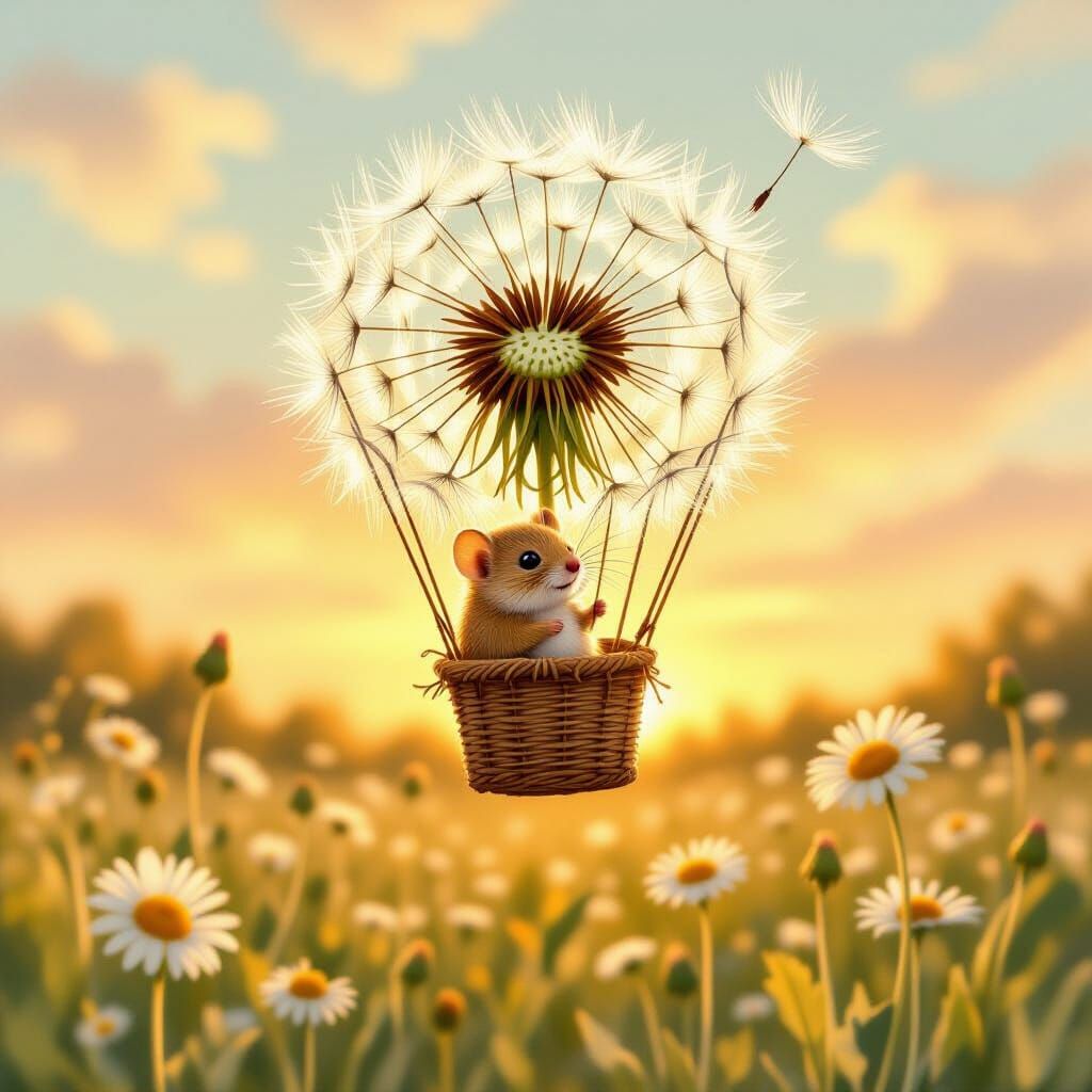 Dormouse Pilots Dandelion Balloon at Sunset