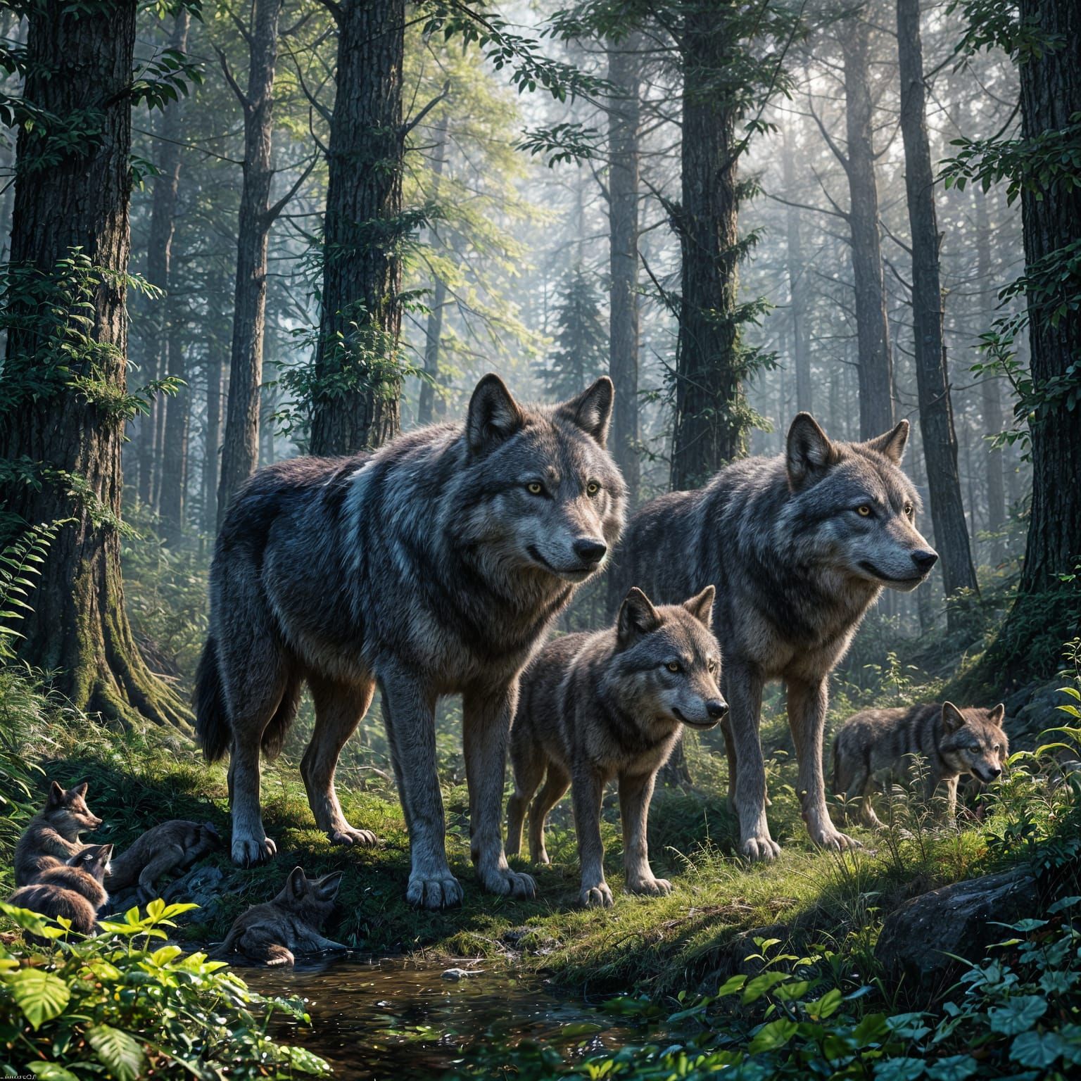 Wolves in Dark Fantasy Forest Protecting Cubs