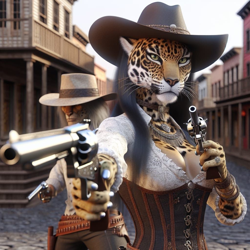 Hyper-realistic beautiful female jaguar Tabaxi as a wild west Sheriff in a stand off with a bandit on the town street wi...