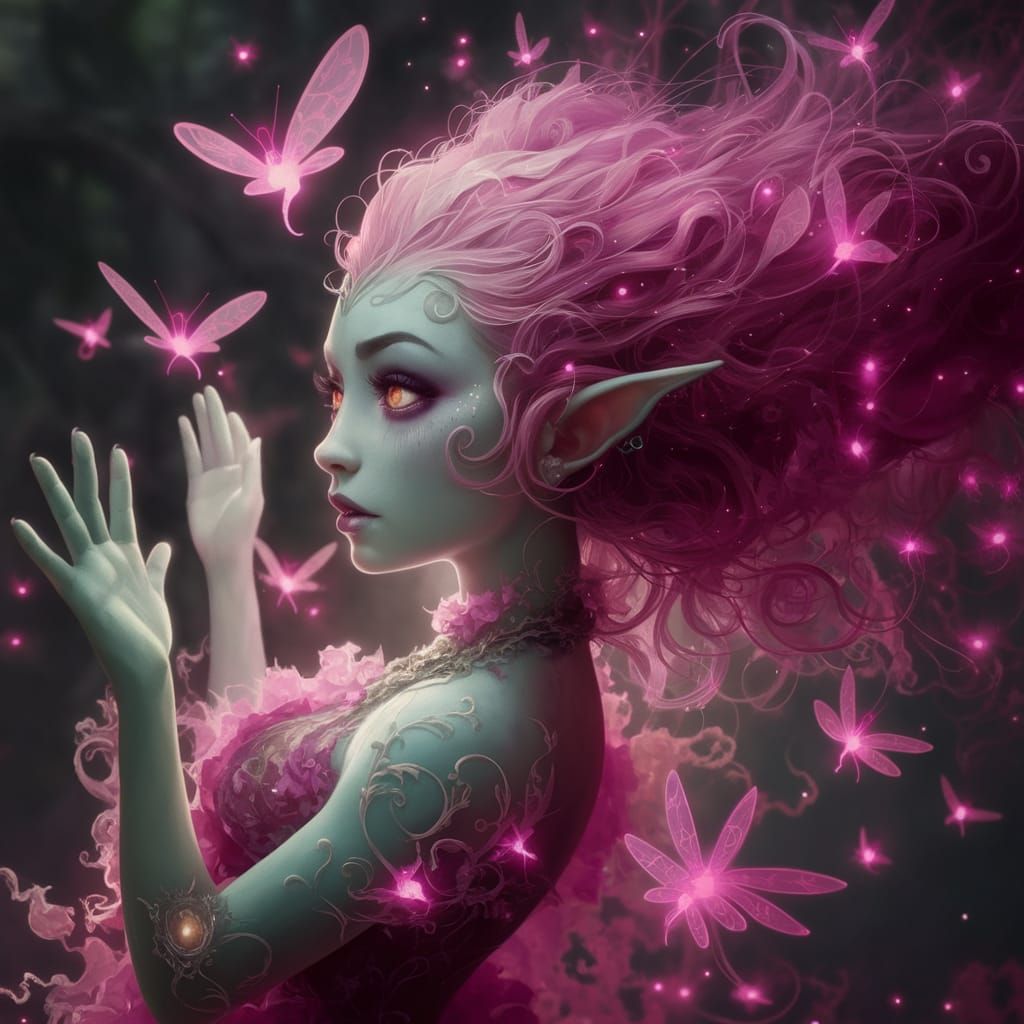 Mystical Sprite Dances Amidst Magenta Fireflies in Art Nouve...