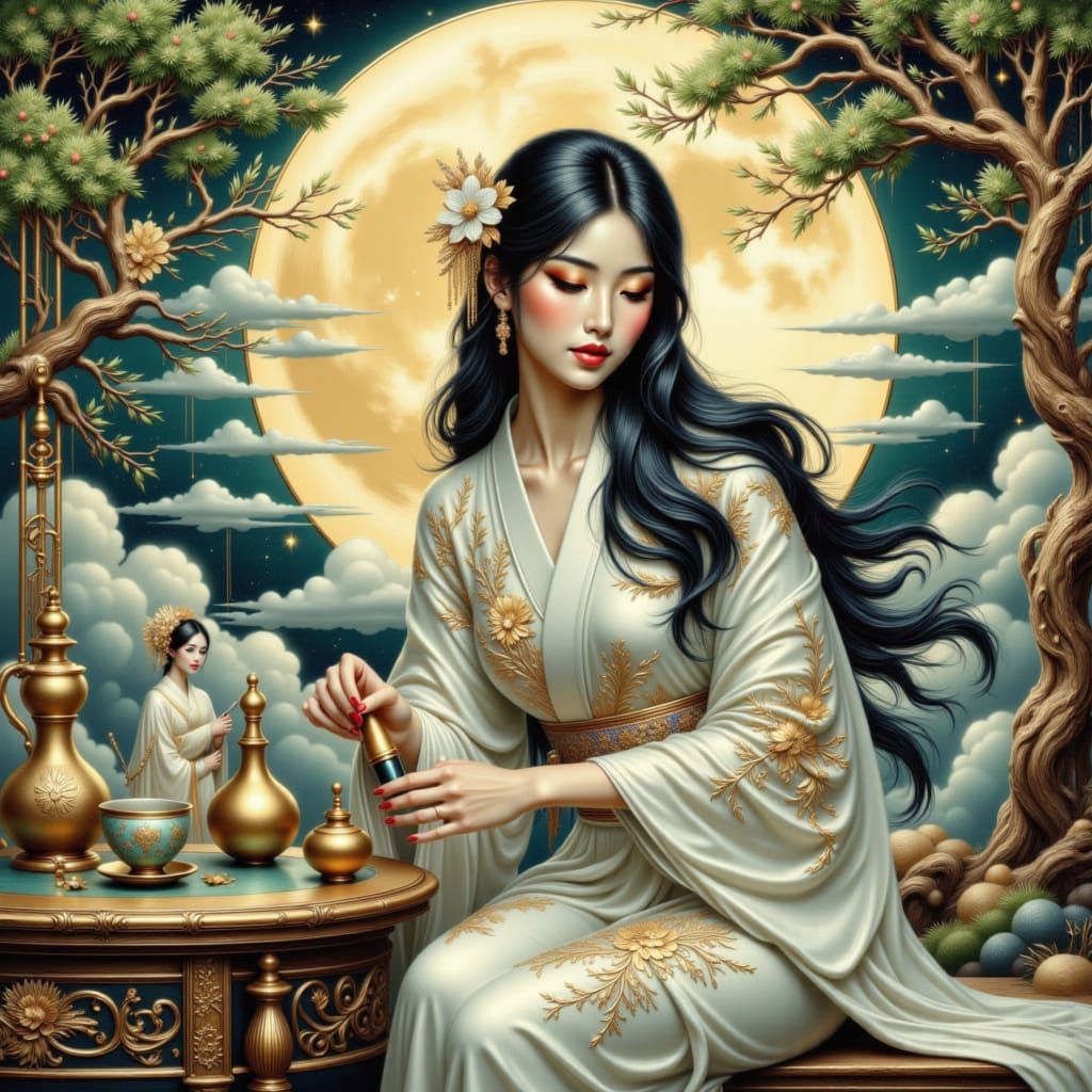 Celestial Woman Pours Elixir Under Full Moon