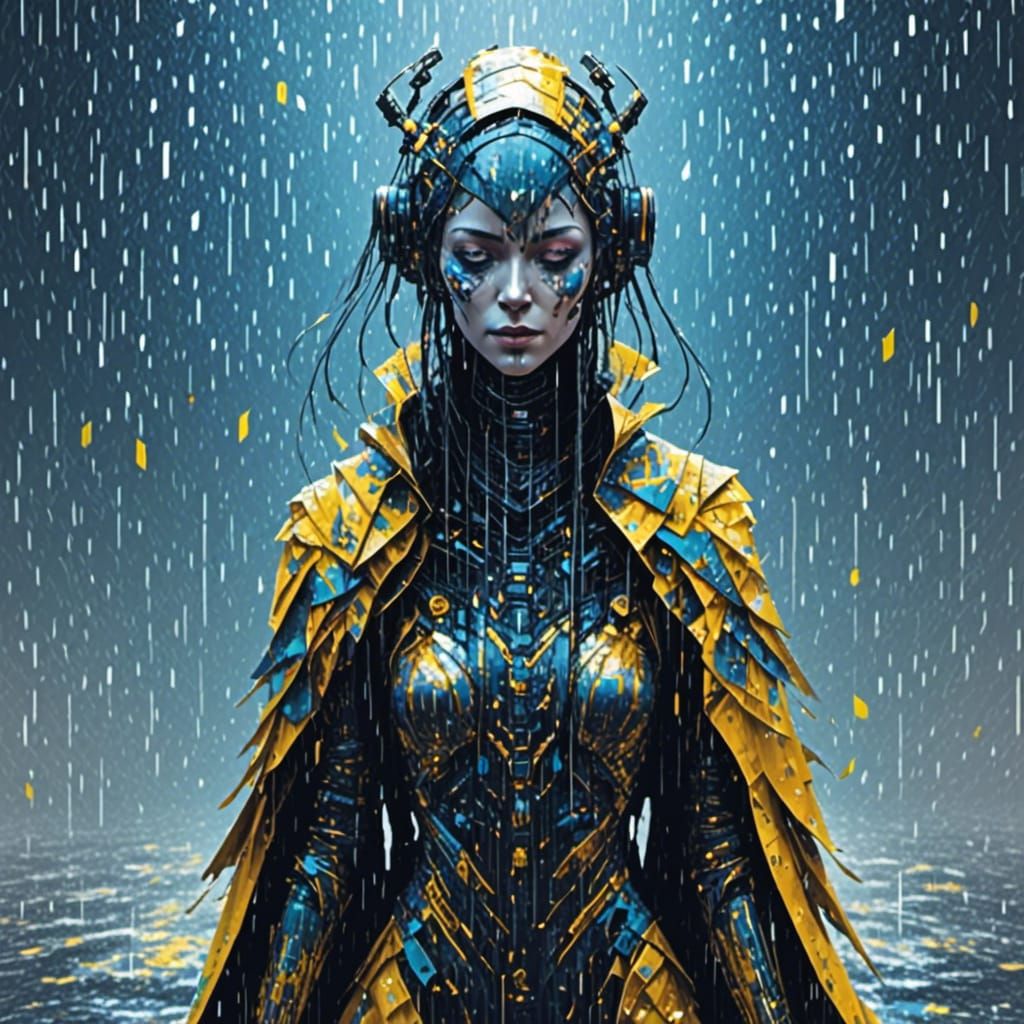 Cyborg in Rain: Glitch Art Composition