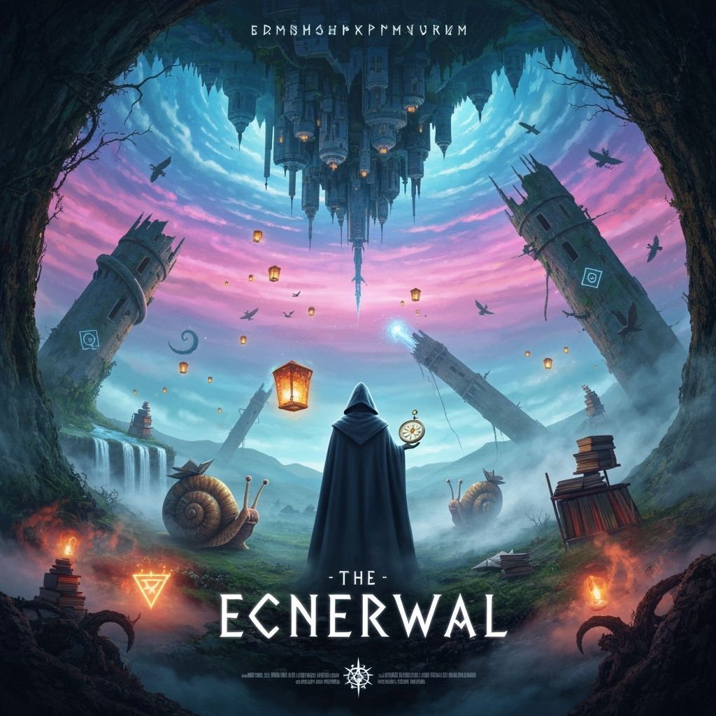 Surreal Fantasy Movie Poster With Upside-Down Castles