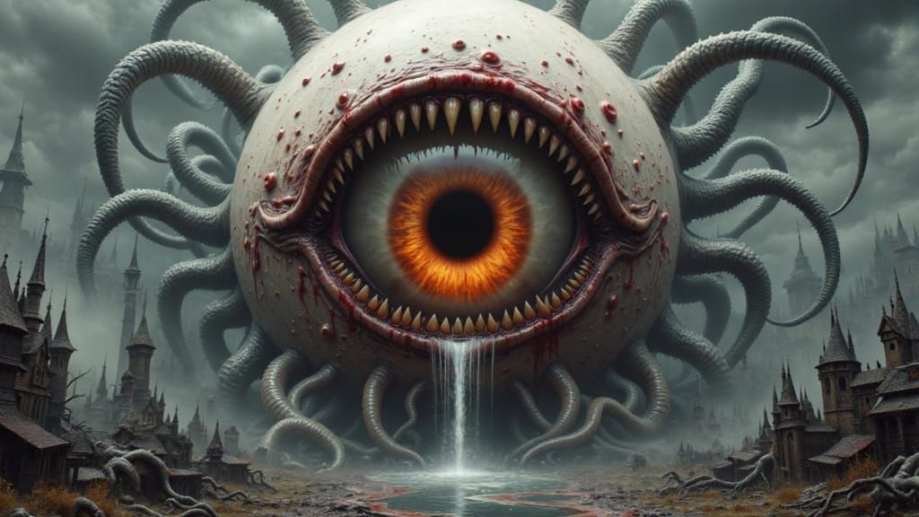 Creepy Eyeball with Steampunk Town and Toothy Mouth