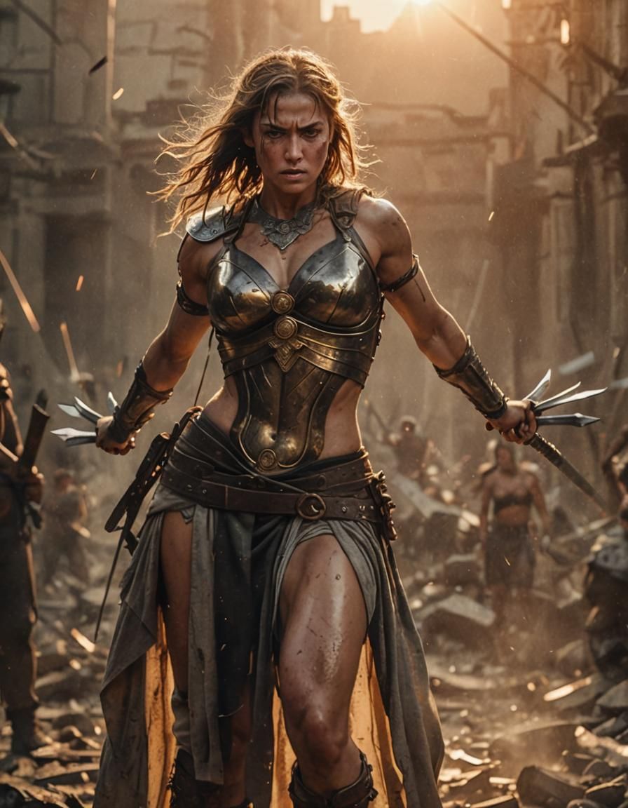 Heroic Warrior Woman with Swords: Cinematic Film Still