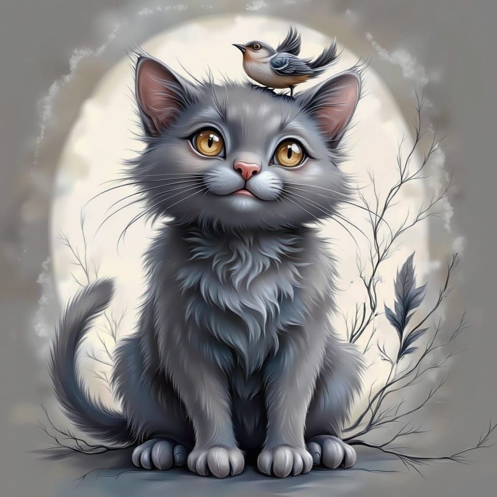 Whimsical Gray Cat Seeks Bird's Attention in Minimalist Sket...