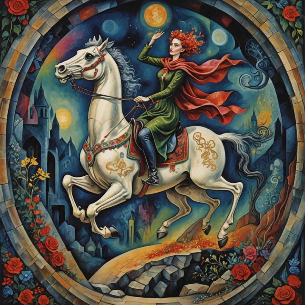 Woman on Skeleton Horse Through Magical Portal