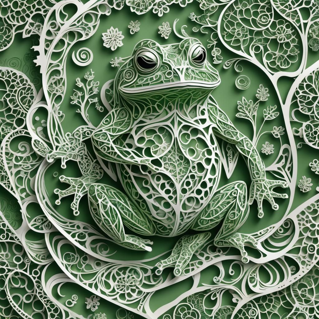 Intricate Green and White Kirigami Toad