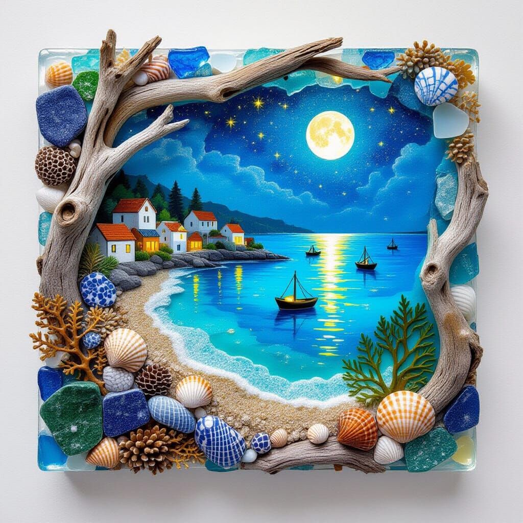 Organic Mixed-Media Seascape with Coastal Village at Night