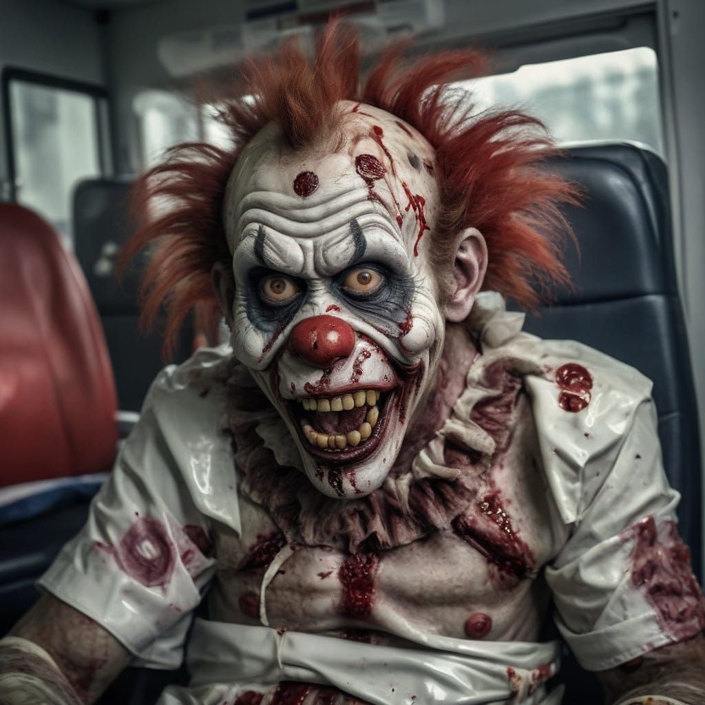 Hyperrealistic Zombie Monkey Clown in Ambulance Hysteria