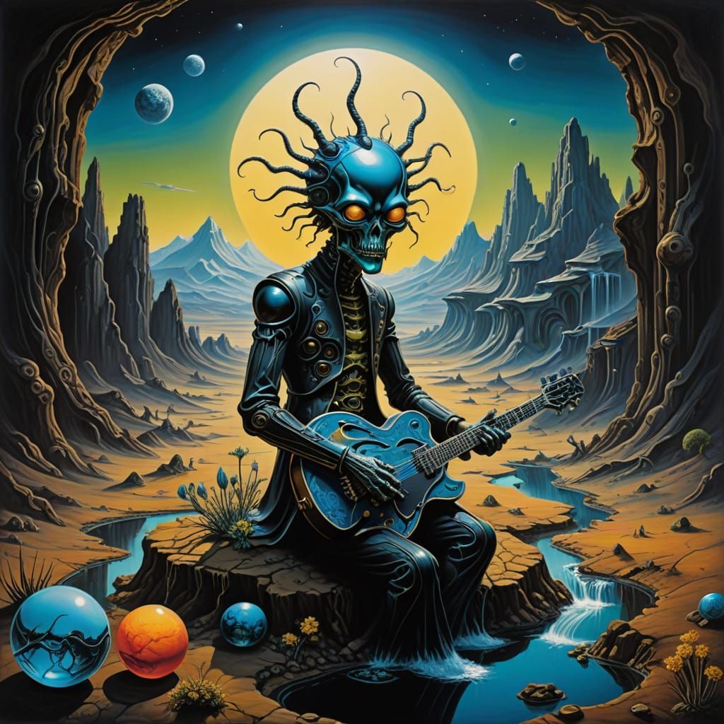 Surreal Guitar with Alien Landscape in Neon Colors
