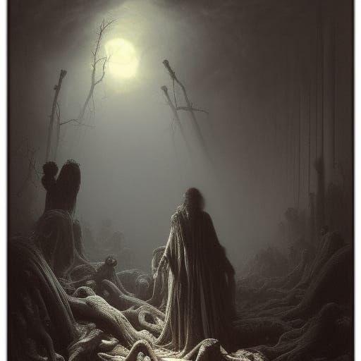 Goblincore Horror Scene in Engraving Style