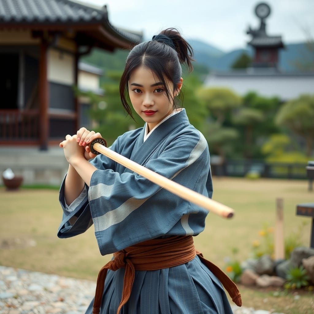 Japanese Woman in Kendogi, Practicing Kendo with Bamboo Swor...