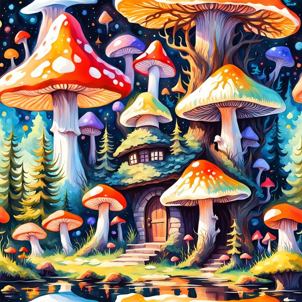 Ethereal Gothic Cottage in Cosmic Mushroom Forest