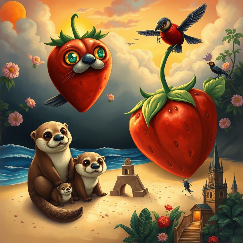 Whimsical Folk Art Otters Build Sandcastle at Sunset