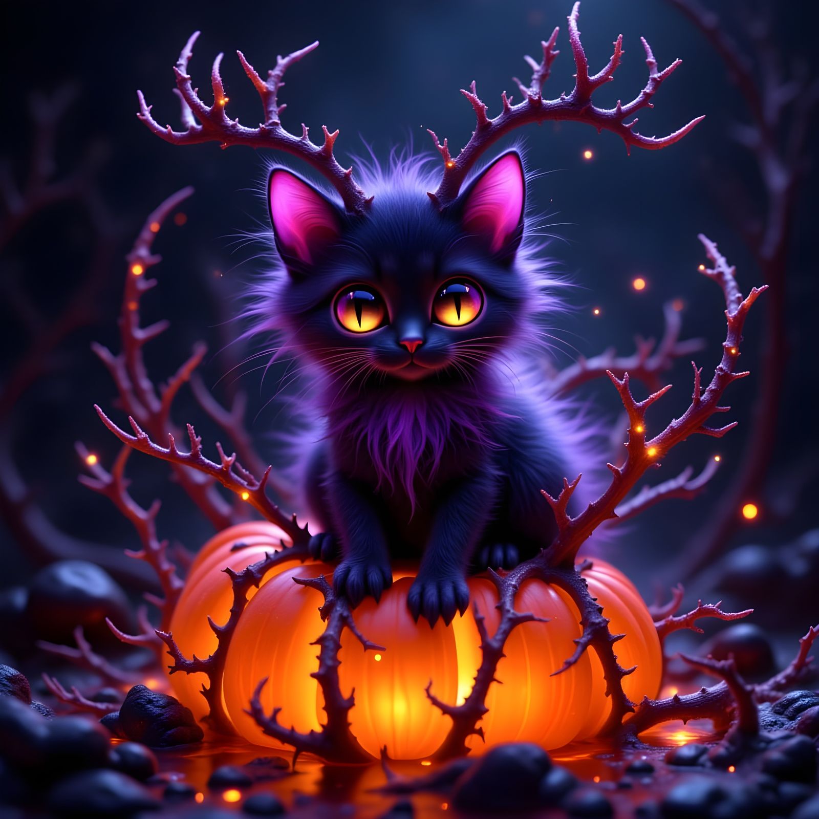 Cute Kitten on Spiky Pumpkin with Fireflies