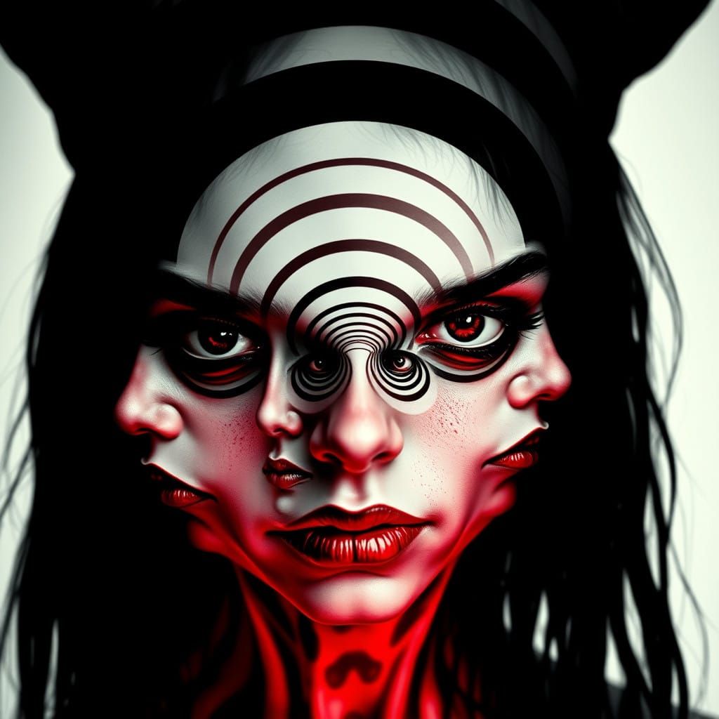 Grotesque Fusion of Faces in Op Art Patterns