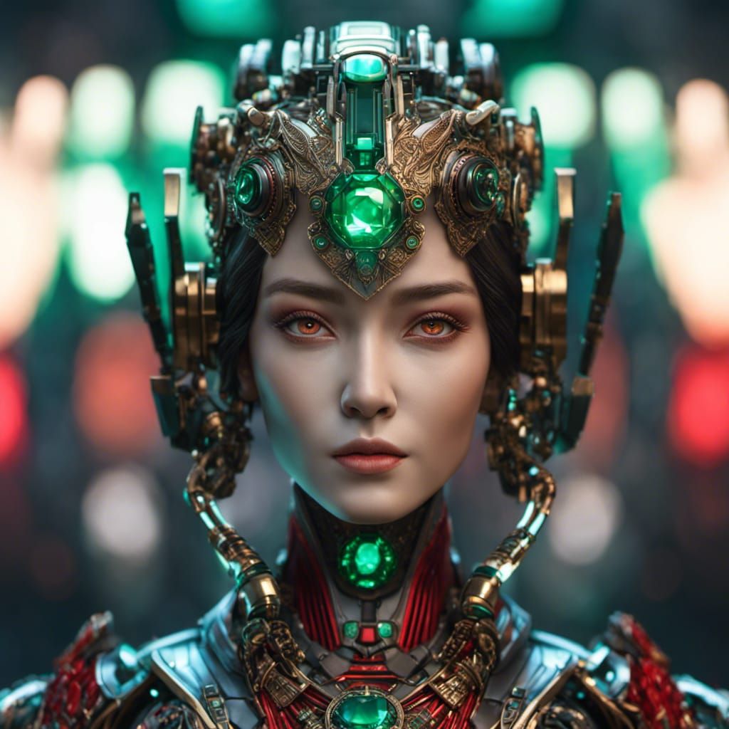 Humanoid, jewelled apparatus on head and body.