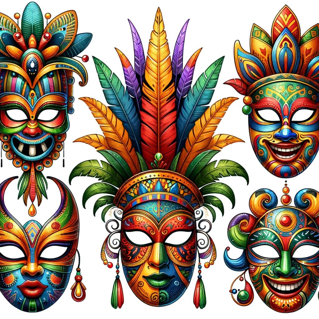 Vibrant Brazilian Masks in Traditional Colors and Patterns