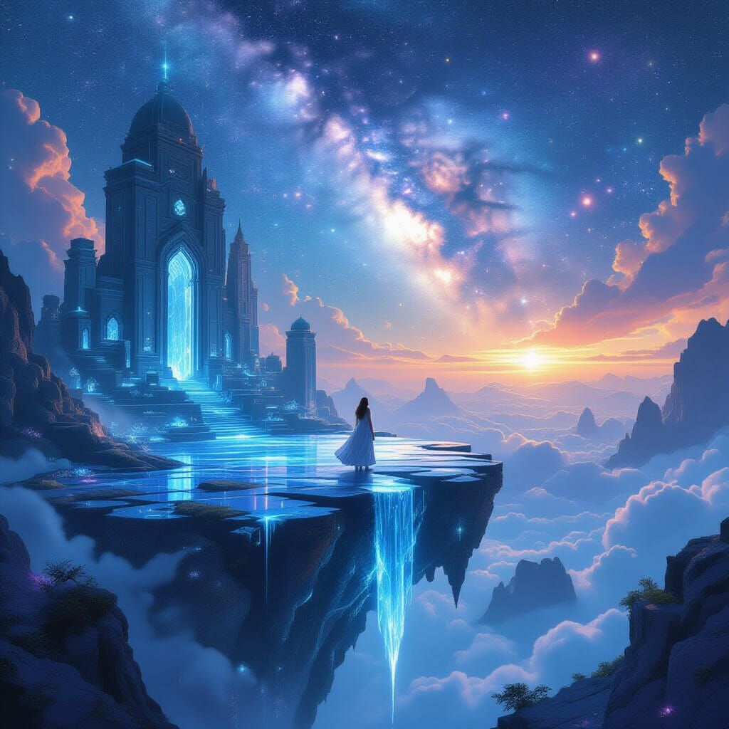 Woman on Floating Island Gazing at Nebula Sky