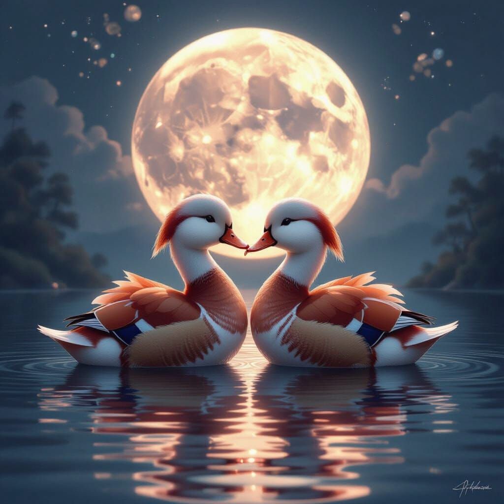 Rose Quartz Mandarin Ducks Kissing Under Luminous Moon