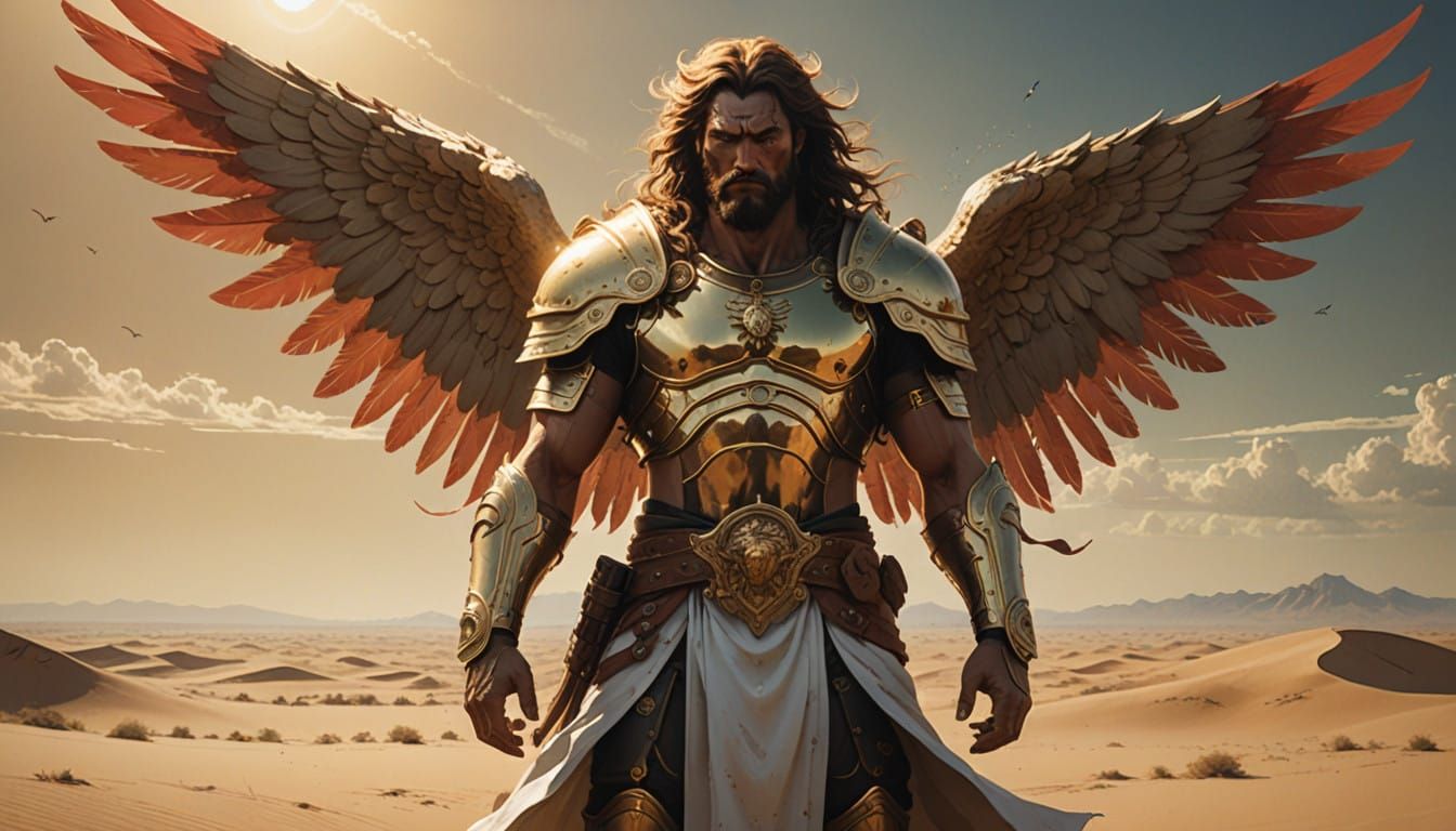 Powerful Angelic Warrior in Gold and Red