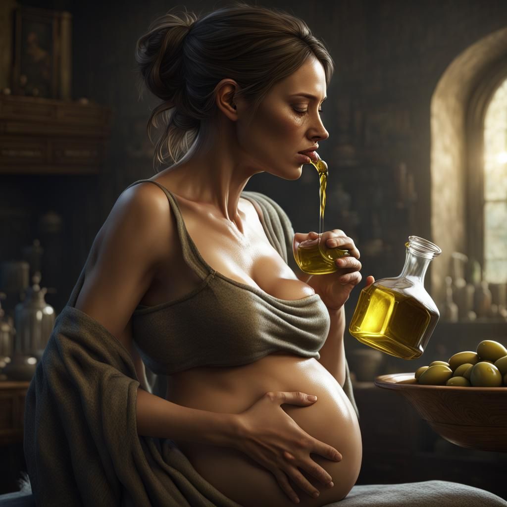 Surreal Dark Fantasy: Pregnant Woman and Olive Oil