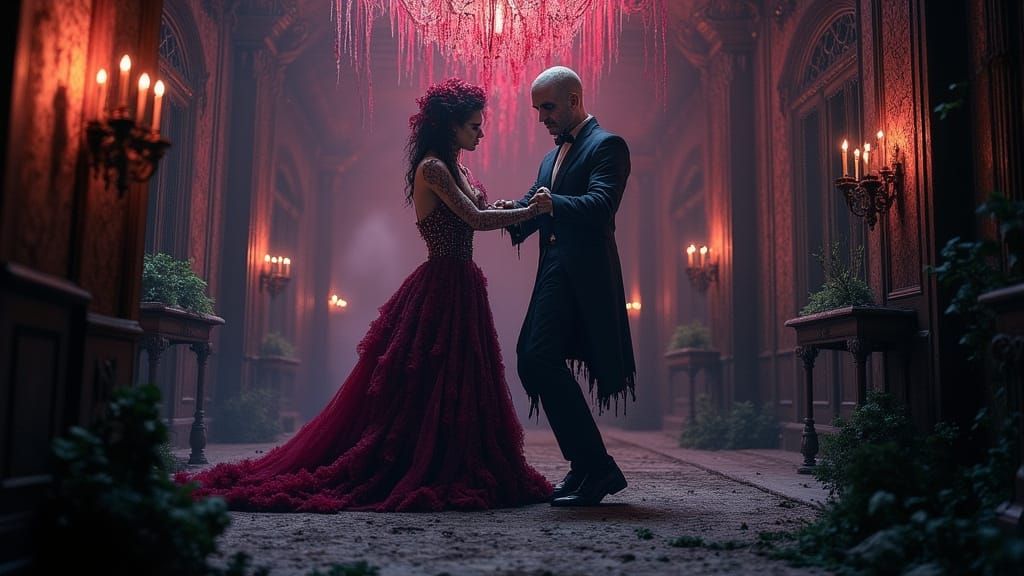 Undead Prom Couple in Decaying Ballroom