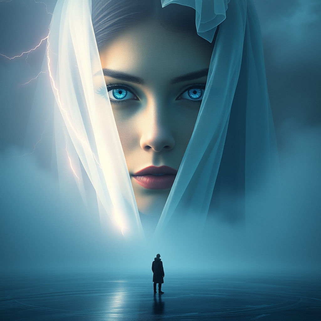 Ethereal Woman's Visage Above Frozen Lake