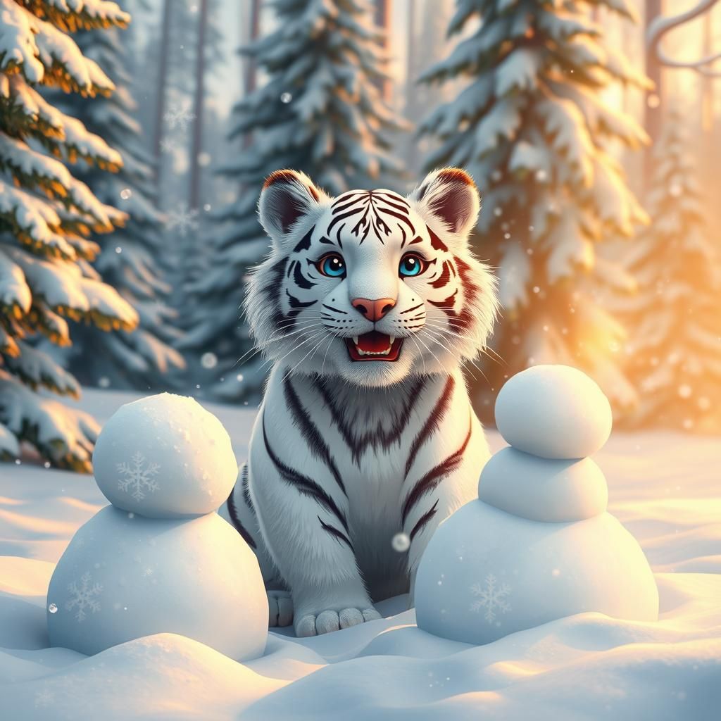 Adorable Tiger Builds Snowman in Winter Wonderland