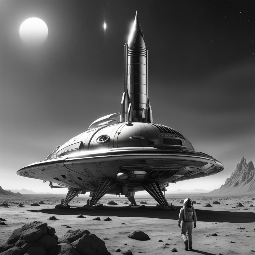 Retro Sci-Fi Rocket Landing in Monochrome