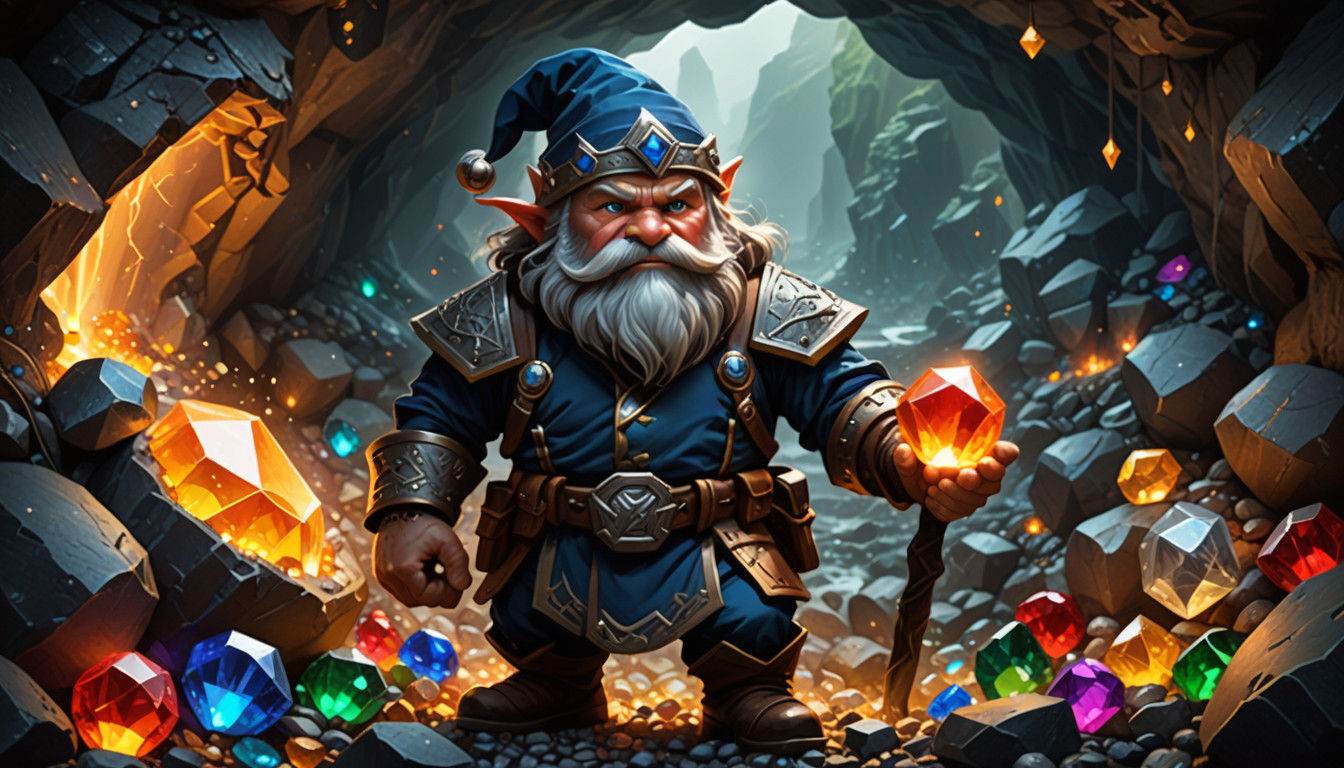 Fantasy Dwarf Miner in a Gemstone-Filled Cave
