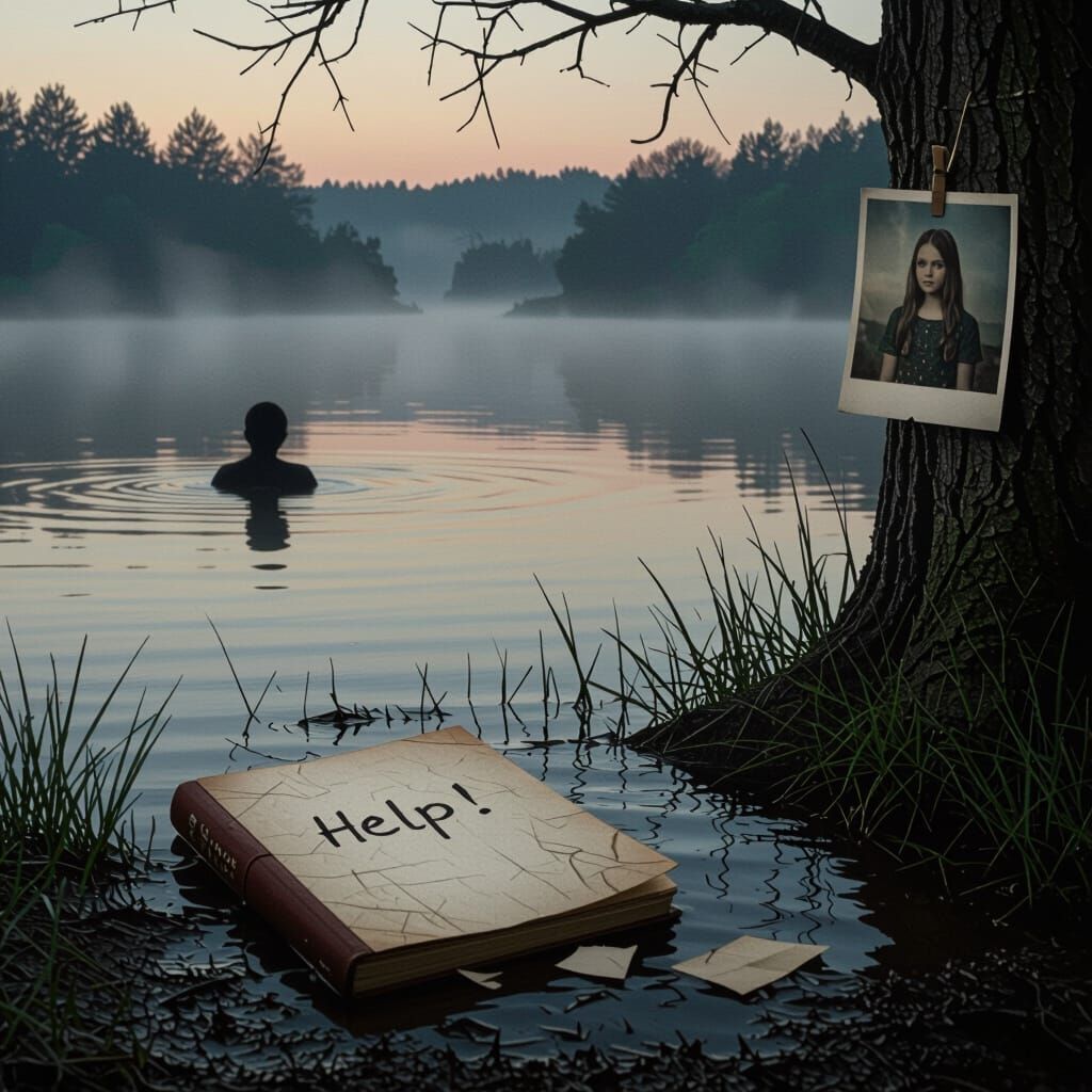 Misty Lake Dawn with Haunting Silhouette and Diary