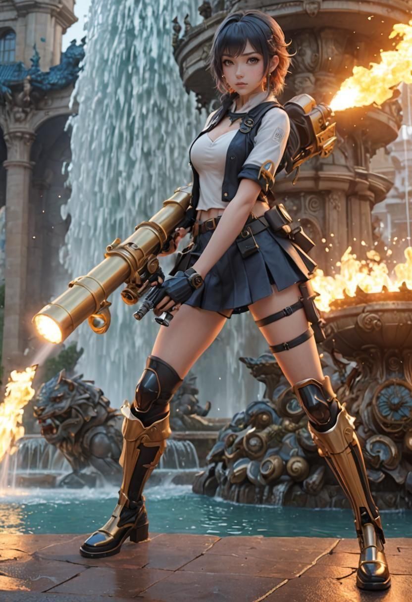 Anime Woman with Bazooka Near Fantasy Fountain