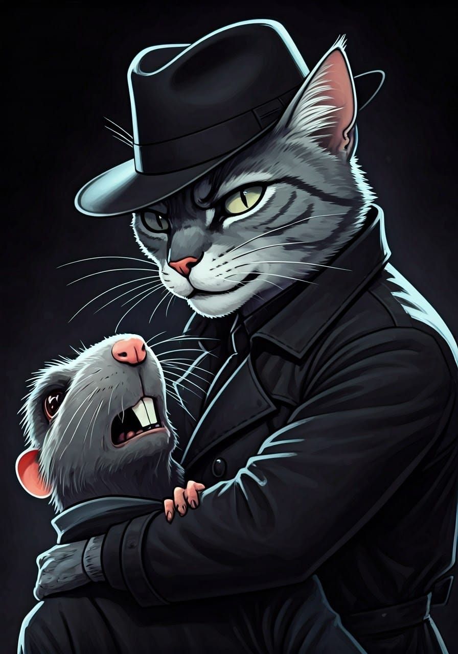 Gritty Grey Cat Detective Grabs Rat Bartender in Noir Black ...