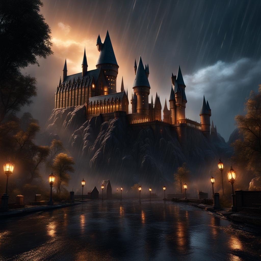 Hogwarts in Rain with Phoenix: Fantasy Concept Art
