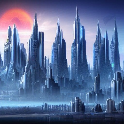 Futuristic Cityscape with Blue Towers: Matte Painting