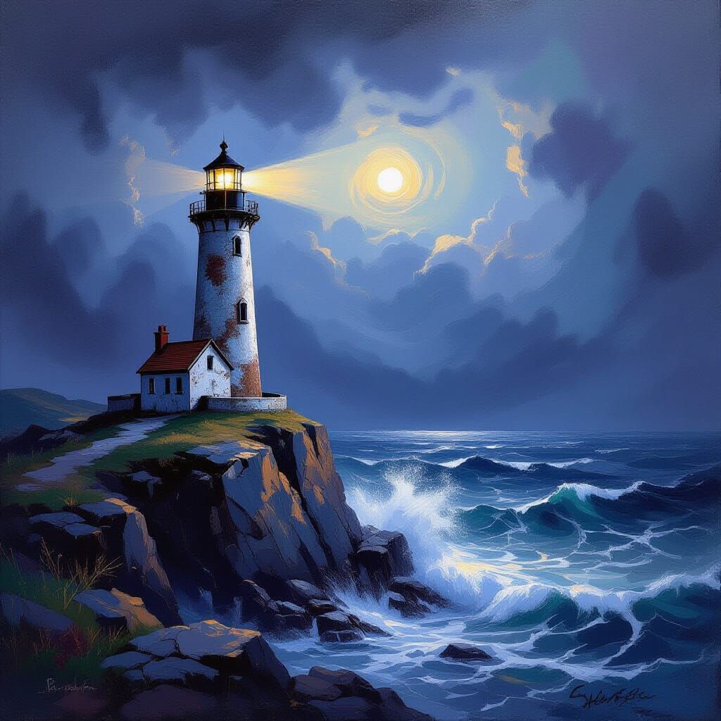 Weathered Lighthouse Braving Tempestuous Seas in Oil Paintin...