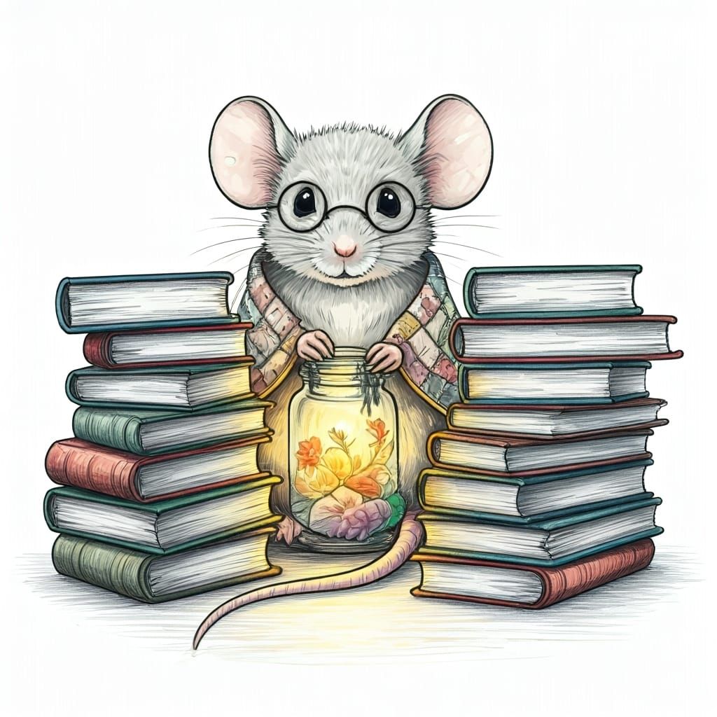 Shy Mouse Reading by Firefly Light, Pencil Sketch