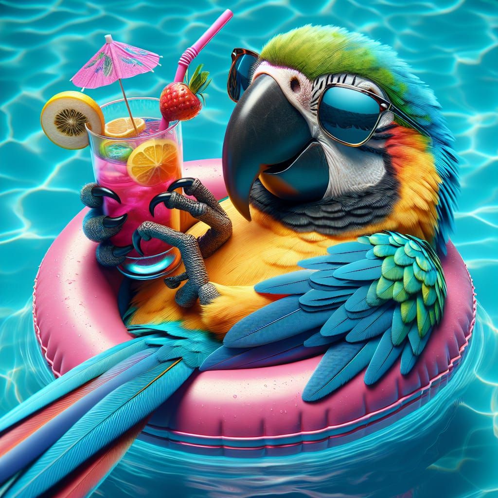 Macaw Parrot Lounging Poolside with Cocktail