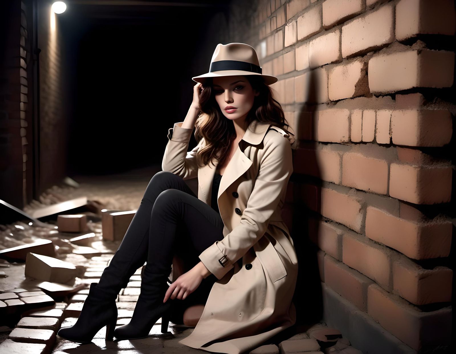 Brunette in Trenchcoat Sleeping in Cellar, Film Noir