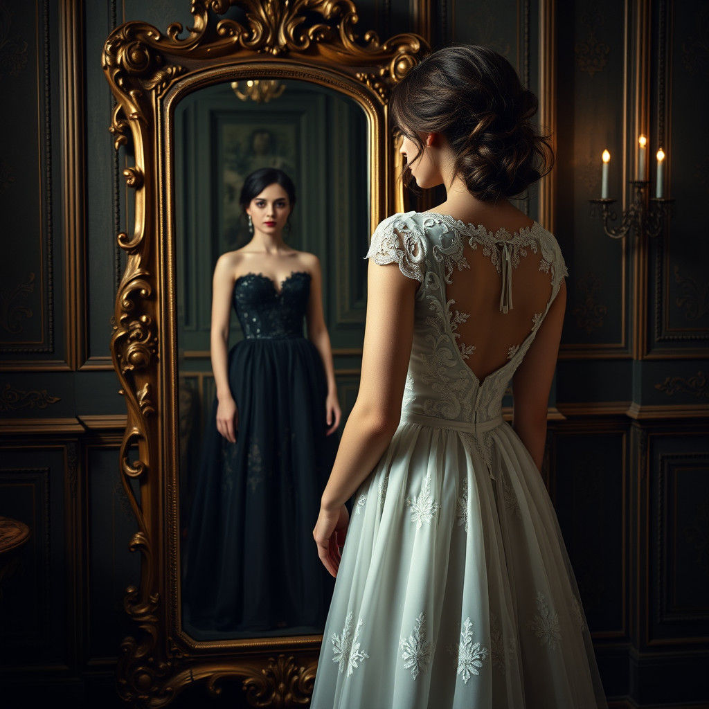 Woman's Reflection: White and Black Gowns in HDR