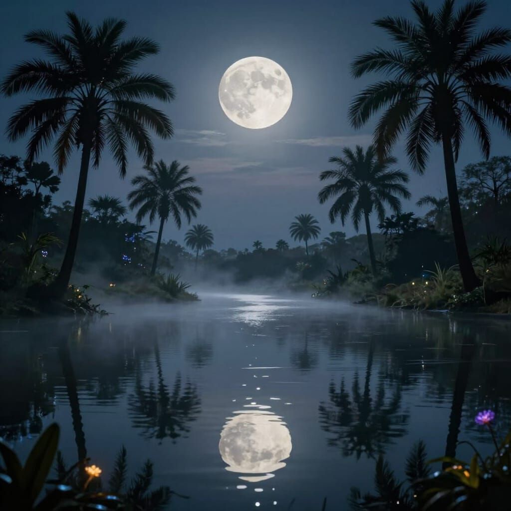 Mystical African River Under Full Moon